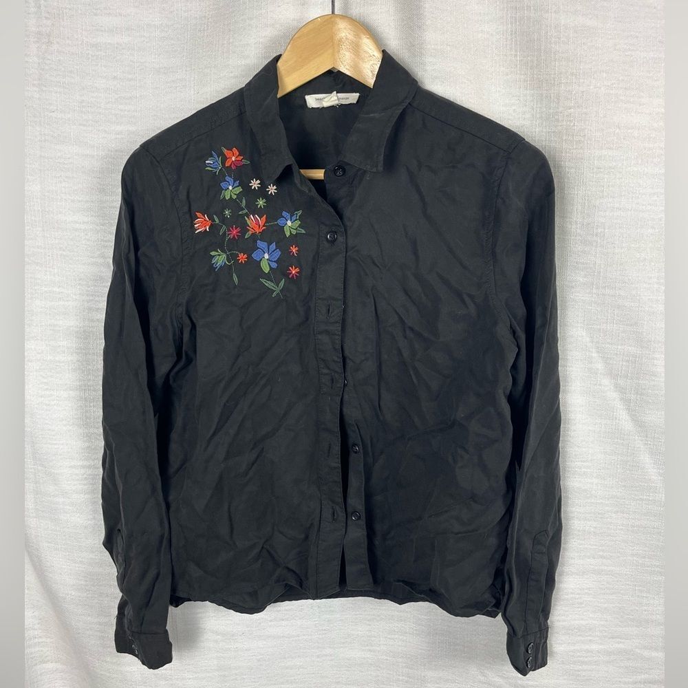 beachlunchlounge Black Blouse Floral Embroidered Boho Vintage Size S
